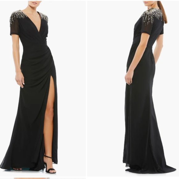 MAC DUGGAL 55704 EMBELLISHED SHOULDER THIGH SLIT BLACK EVENING GOWN sz 8 - Picture 3 of 3